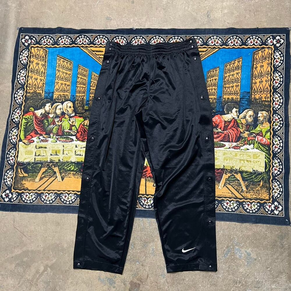 Nike Black shiny satin track pants Size xl dazzle embroidered baggy tearaway VTG